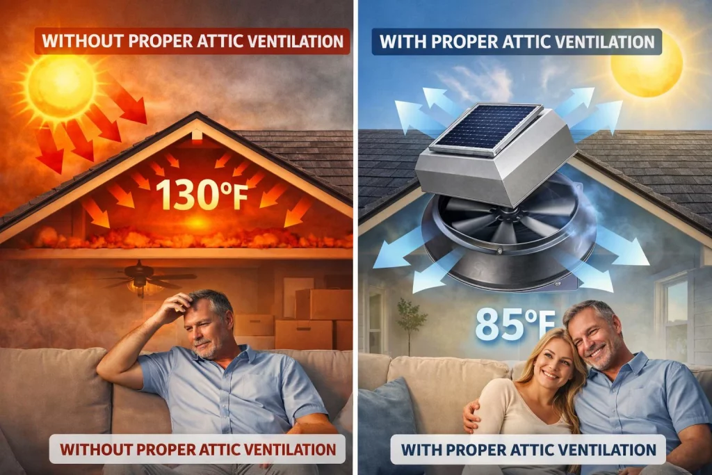 Graphic demonstrating the benefit of proper attic ventilation, featuring a solar powered roof vent pulling hot air out to drop indoor temperatures