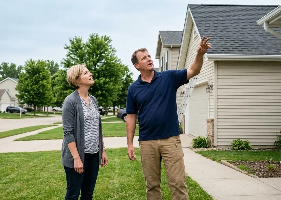 Roofing contractor pointing out completed project details to a female homeowner during a final property walkthrough