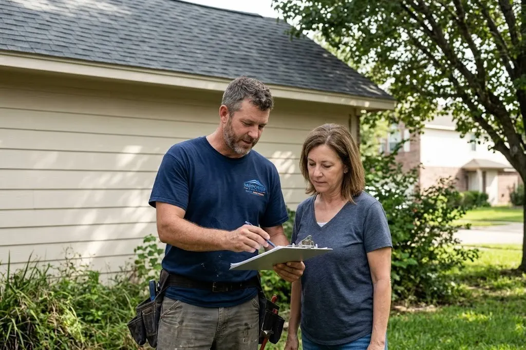 A friendly roofing professional reviewing repair estimates on a clipboard with a homeowner in her front yard