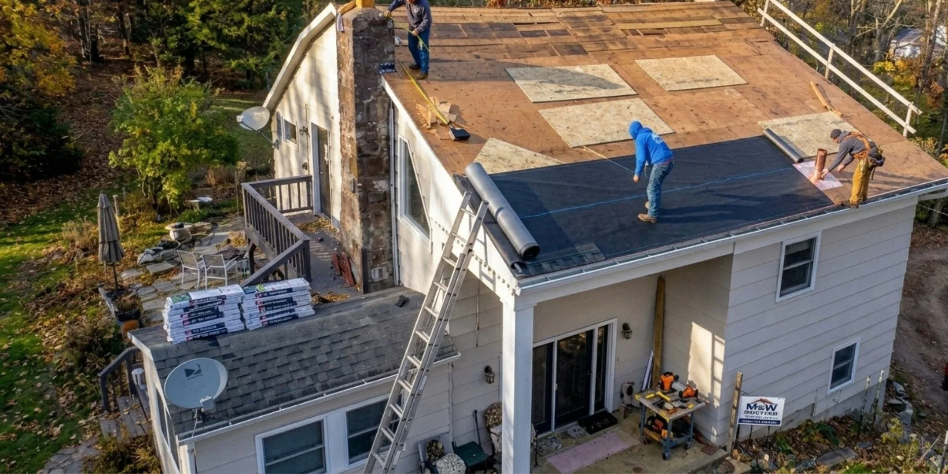 Houston and Spring residential roof replacement showcasing a professional crew rolling out weather barrier underlayment