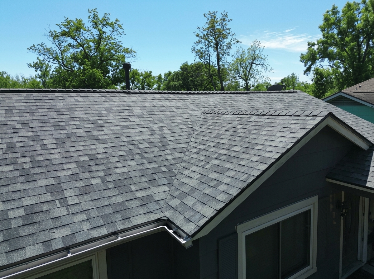 Close up view of a new dark grey shingle roof in Houston highlighting clean valleys and updated trim