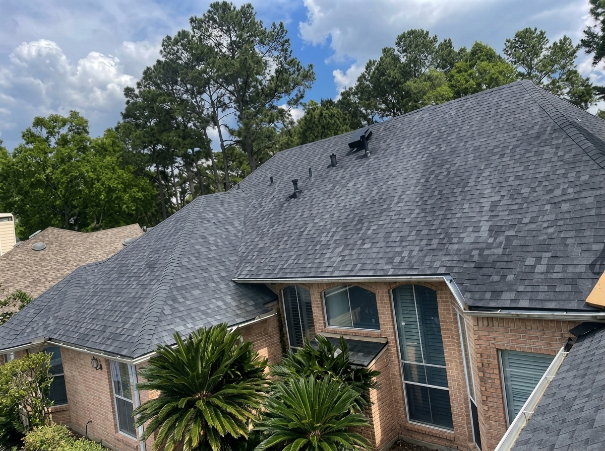 Newly installed dark grey shingle roof on a two story brick house in Cypress TX.