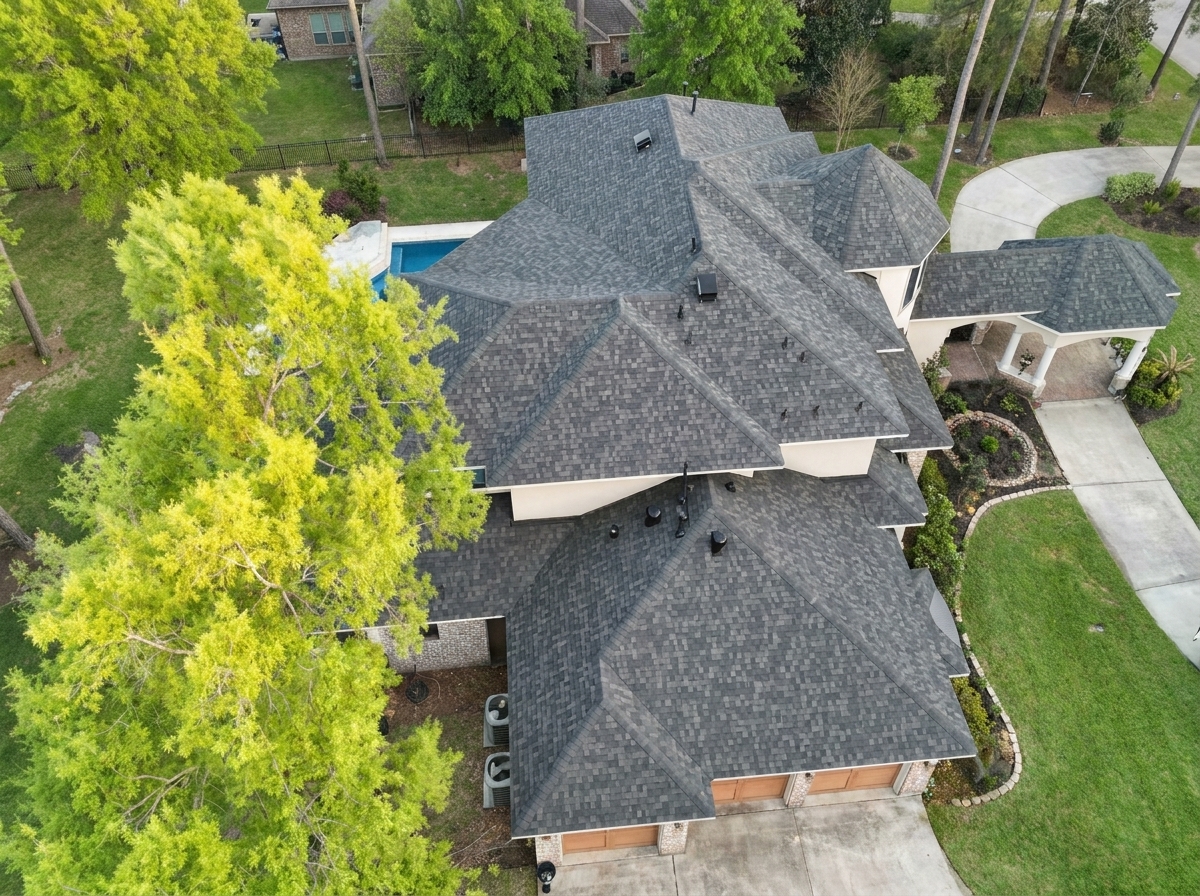 High angle view of a luxury residential roof installation in The Woodlands TX featuring clean valleys and updated ventilation