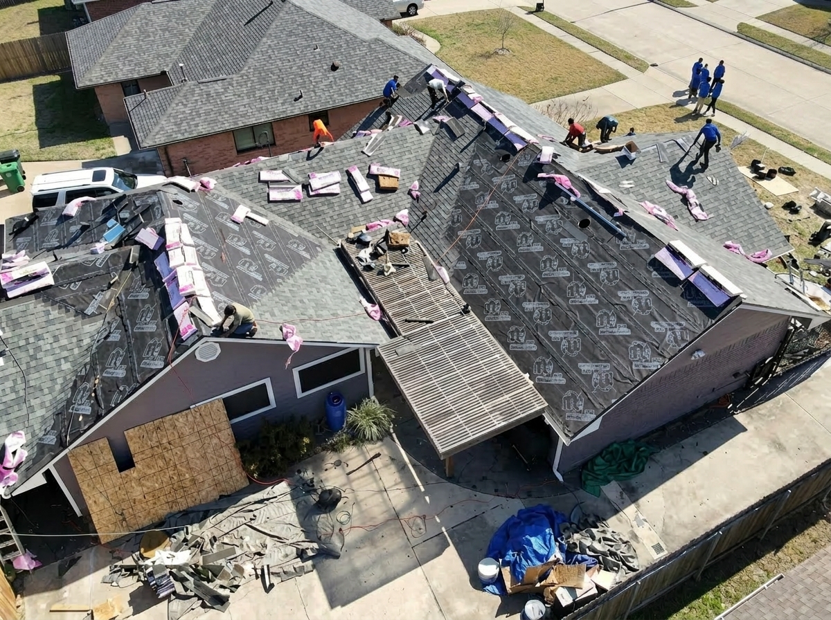 Conroe TX residential roof replacement project showing a crew in blue shirts actively tearing off old shingles down to the decking
