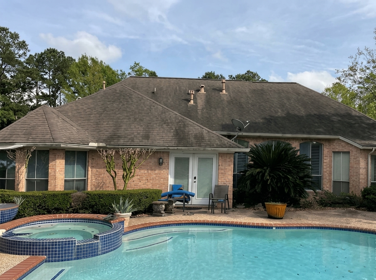 An older residential roof in Cypress TX overlooking a backyard swimming pool and patio area before a new