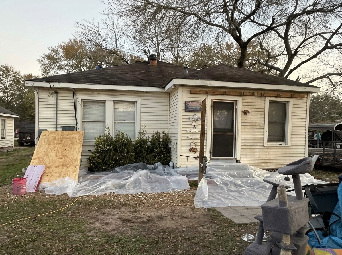 An older house with light siding in Cypress TX being prepared with protective tarps prior to a full roof replacement