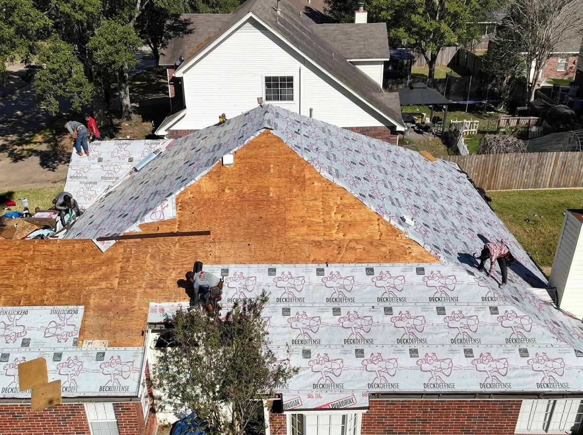 Progress shot of a residential roof replacement showcasing the waterproofing and underlayment installation phase