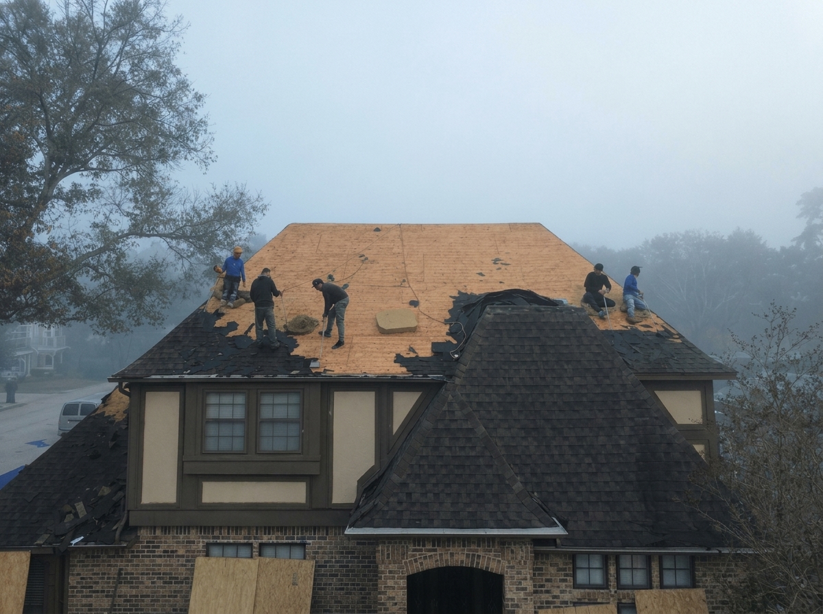 An active residential roof tear off in Katy TX with multiple workers preparing the wood deck for a full structural inspection